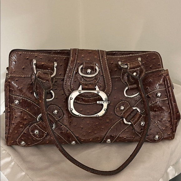 Guess Handbags - Vintage Guess Brown Ostrich-Effect Leather Satchel with Silver Hardware